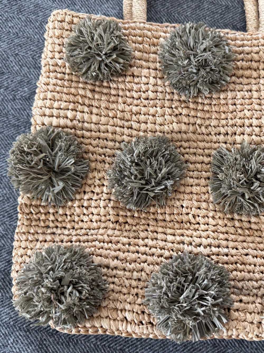 NEW LITTLE MARKET RAFFIA TOTE WITH GREY POM POMS FRONT AND BACK